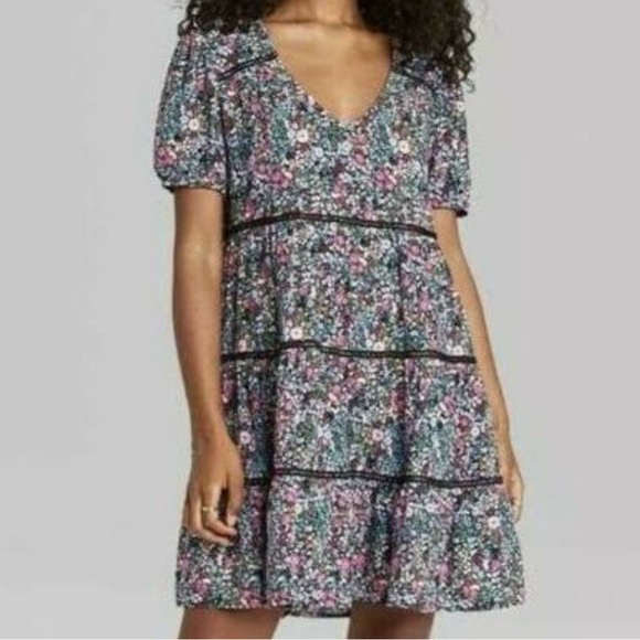 Wild Fable Floral Print Short Sleeve Tiered Babydoll‎ Flowy Mini Dress Siize XS - Picture 3 of 15